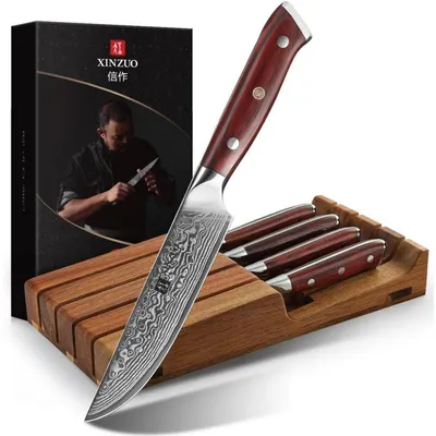 Produktbild von 5-teiliges Steakbesteck Set Damaststahl mit Akazienholz Messerhalter und Rosenholzgriff