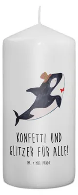 Produktbild von Mr. & Mrs. Panda Kerze Orca Zylinder 15 x 7 cm - Weiß - Geschenk, Meerestiere, Glitzer, Fest, Bedruckte, Blockkerze, Erinnerungslicht, Konfetti, Stumpenkerze, Geburtstag