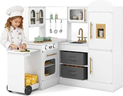 Imagen del producto de Cocina de juguete con luces y sonidos, cocina de esquina con encimera extensible, fregadero, horno, placa de cocina y nevera. Incluye accesorios y cestas de tela. Para niños a partir de 3 años. (Blanco)