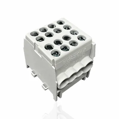 A close-up studio shot of a gray electrical connector block.