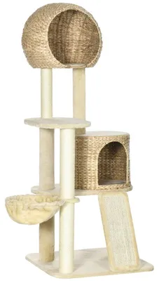 Image de Arbre à chat avec hamac et maison pour chat | Couleur : Beige | Dimensions : 60x60x150 cm