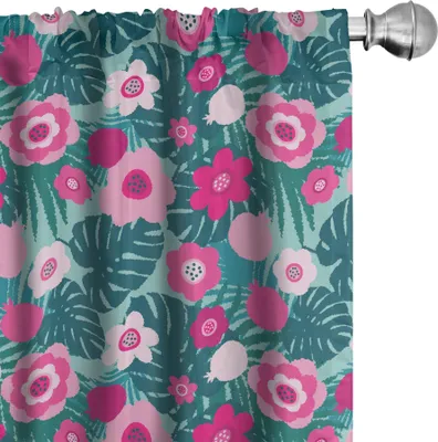 Produktbild von ABAKUHAUS Blumen Vorhänge, Gardinen, Muster der Monstera Blatt Rosa Blumen Tropical Arrangement, 2 Stück 75 x 245 cm, Pale Petrol Blau Teal