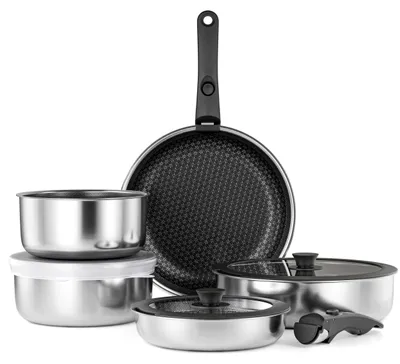 Produktbild von Edelstahl Pannenset mit Antihaftbeschichtung, induktionsgeeignet, stapelbar, 5-teilig, für die Küche