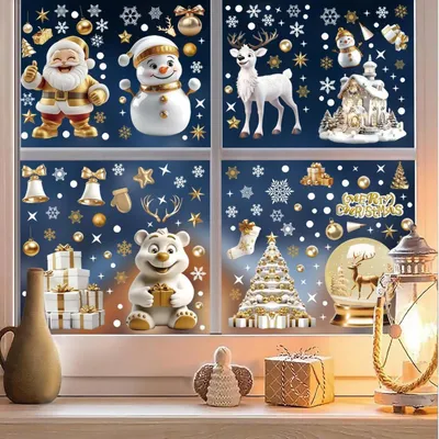 Image de Décorations de Noël pour fenêtres, autocollantes, 9 feuilles, effet 3D, blanc et or, PVC, flocons de neige, bonhommes de neige