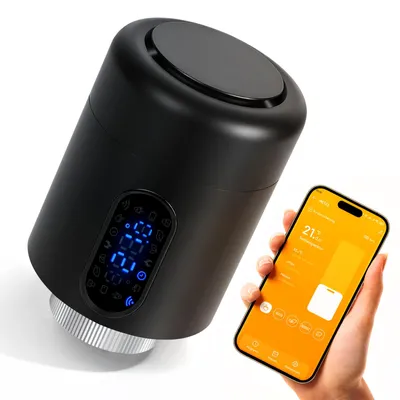 Obrázek produktu pro Chytrý termostat pro radiátory Peviasot, WiFi, ovládání přes aplikaci, kompatibilní s platformami Smart Life/Tuya, obsahuje 7 adaptérů pro ventily, barva: černá, 1 kus