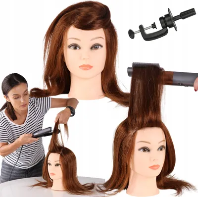 Image de WOBELL |  Tête pour formation de coiffeur, femmes, exercices, tête d'entraînement pour femmes 45 cm – 100 % cheveux naturels, densité 230–252 fils/cm², résistante à la chaleur 180–220 °C