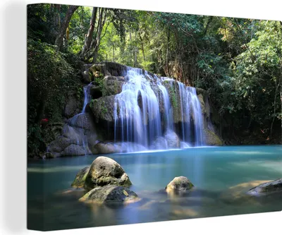 Obrázek produktu pro OneMillionCanvasses® - Obraz na plátně - 140x90 cm, Skály pod vodopády národního parku Erawan, Nástěnné umění tisk nástěnné dekorace - Fotografie na plátně - Malba na plátně