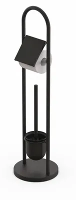 Image de Ensemble de salle de bains Relaxdays, acier inoxydable, H x P : 79 x 22 cm, porte-papier hygiénique sur pied, brosse de toilettes avec support, noir