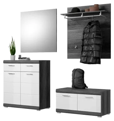 Produktbild von Garderobe Set 4-teilig in Weiß Hochglanz und Grau Rauchsilber