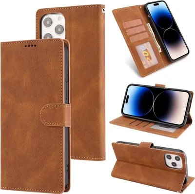 Produktbild von König Design Hülle kompatibel mit Apple iPhone 14 Pro Max Kunstleder Handyhülle - Handy Case Braun