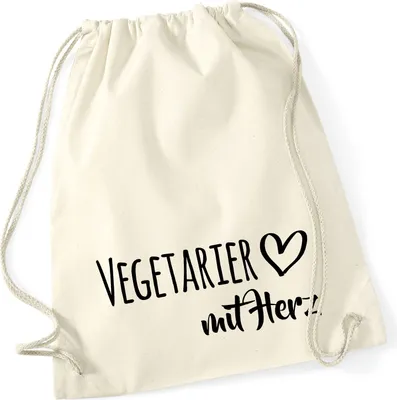 Produktbild von Huuraa Turnbeutel Vegetarier mit Herz 12 Liter Natural Baumwolle Rucksack Geschenkidee