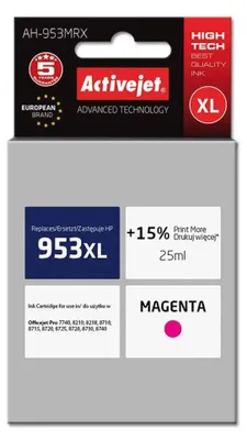 Imagen del producto de Cartucho de tinta Activejet AH-953MRX (compatible con HP 953XL F6U17AE; calidad premium; 25 ml; magenta)