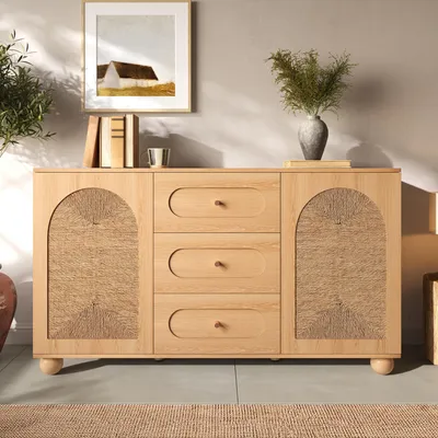 Immagine prodotto di Mobile contenitore Merax con ante in rattan e 3 cassetti, realizzato in MDF e pannelli di legno, mobile per il soggiorno con piedini sferici in legno di pino, colore naturale