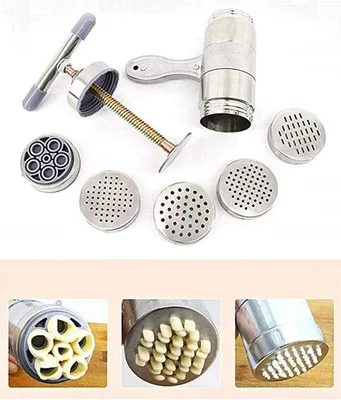 Zdjęcie produktu dla Ręczna maszyna do makaronu ze stali nierdzewnej z 5 formami do spaghetti