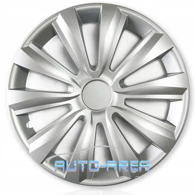 A silver-colored car wheel cover is shown against a white background.