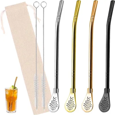 Produktbild von Trinkhalme mit Löffel - Set mit 4 Stück - Edelstahl-Trinkhalme - Metallhalme