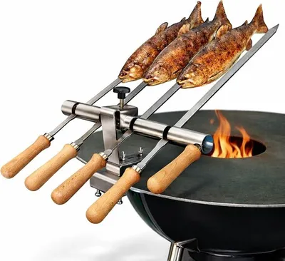 Imagen del producto de Soporte para brochetas de acero inoxidable, con 4 brochetas para parrillas y planchas de hasta 80 cm
