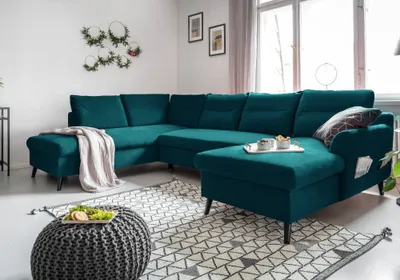 Produktbild von MIUFORM Stylish Stan - Ecksofa mit Bettfunktion und Bettkasten U-FORM LINKS - 300x198cm - Velours Türkis - Sofa Schlafsofa Couch
