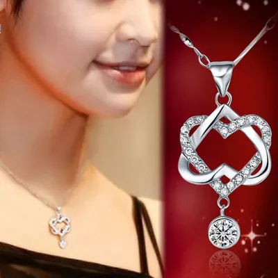 Produktbild von Damen-Halskette, modisch, versilbert, Doppelherz-Anhänger, Kette, Schmuck, Geschenk