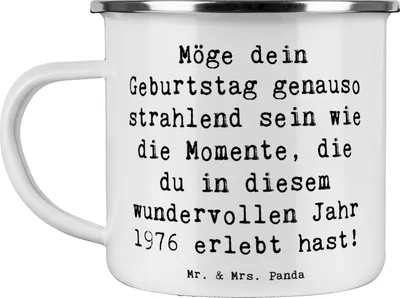 Produktbild von Mr. & Mrs. Panda Emaille Tasse Spruch 1976 Geburtstag - Weiß - Geschenk, Pott, Alles gut zum, Geburtstagsgruß, Teetasse, Jahrgang, Happy Birthday, Geburtsjahr, becher