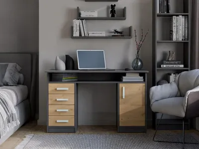 Produktbild von ADA Schreibtisch Anthrazit Eiche Artisan 125 cm 4 Schubladen Schrankregale für Büro Laptopzimmer