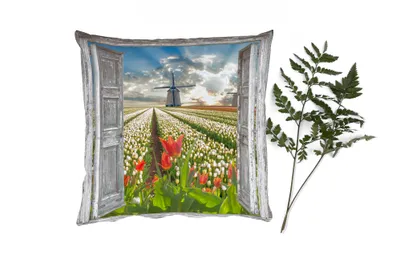 Produktbild von MuchoWow® Zierkissen Sofakissen Wohnzimmer Dekokissen 45x45 cm Blumen - Mühle - Frühling - Ausblick - Schlafpolster - Polster für das Sofa