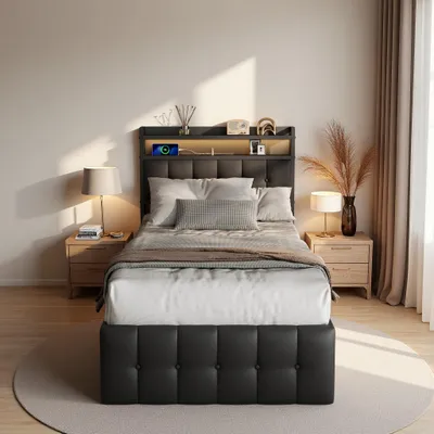 Produktbild von INONEFT Polsterbett 90x200 cm mit 2 USB, Hydraulisches Bett, Einzelbett mit Lattenrost, Kopfteil mit Stauraum und LED-Beleuchtung, Schwarz PU