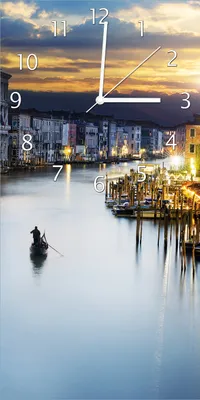 Produktbild von Wallario Design Wanduhr Canal Grande in Venedig am Abend mit untergehender Sonne aus Echtglas, Größe 30 x 60 cm