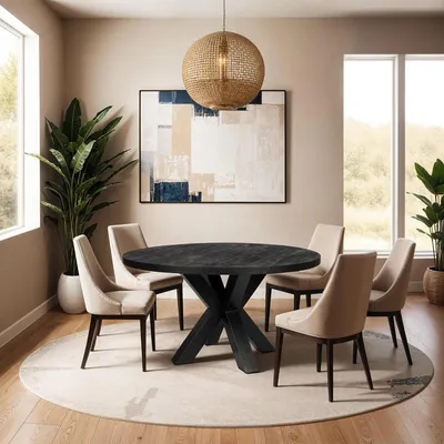 Image de Zita Home Table de salle à manger, ronde, 150 cm, bois de manguier, noir, piétement épais, scandinave, design moderne