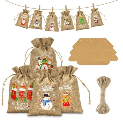 Produktbild von Adventskalender Jutesäckchen zum Befüllen, 24 Stück, 13x18cm, mit Anhängern und Juteschnur