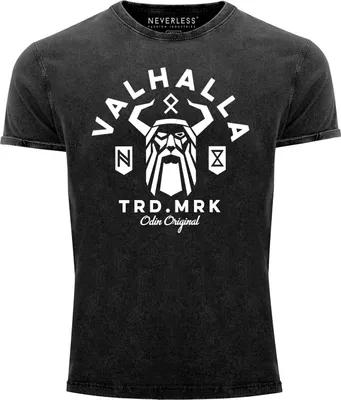 Produktbild von Herren Vintage Shirt Valhalla Odin Runen Wikinger Printshirt T-Shirt Aufdruck Used Look Slim Fit Neverless® schwarz M