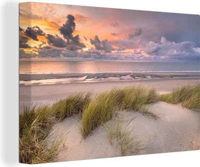 Produktbild von OneMillionCanvasses® - Leinwandbilder - 140x90 cm, Sonnenuntergang - Düne - Strand - Pflanzen - Meer, Wandbilder Kunstdruck Wanddekoration - Foto auf Leinwand - Gemälde auf
