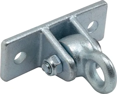 A metal swing hook with a mounting plate and eyelet.