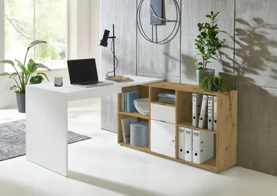 Produktbild von BMG Möbel Eckschreibtisch Lena (mit abschließbarer Tür, Winkelschreibtisch, Homeoffice, Bürotisch) in weiß/ Artisan Eiche