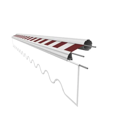 A close-up, angled view of a retractable awning fabric and its mechanism, shown against a white background.