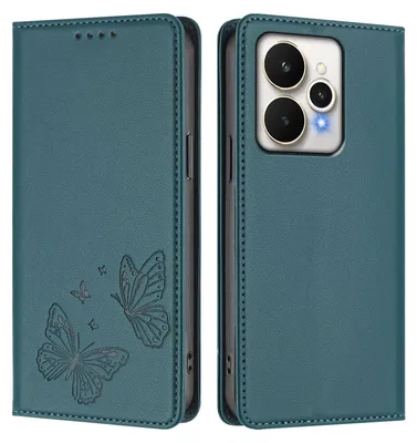 Produktbild von Lederhülle für Realme 15 /Realme 15 Pro 5G, Schmetterling Prägung Leder Brieftasche Schutzhülle mit Ständer Grün