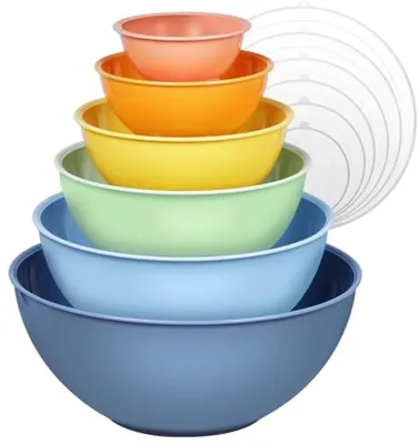 Produktbild von PromoHome® Kunststoff Rührschüsseln mit Deckeln, 12-teiliges Set, 6 Schüsseln (0,25L-5,25L) und 6 Deckel, Blau