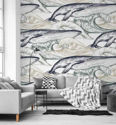 Produktbild von Fototapete Gemälde von Walen im Meer, Material:Premium Vlies 150g/qm, Größe Tapete:390 x 260cm