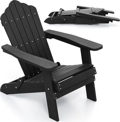 A black Adirondack chair is shown in the foreground, with a folded version of the same chair in the background.