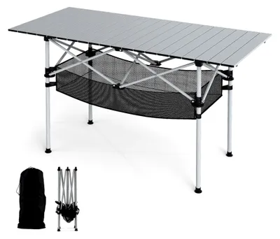 Produktbild von Klappbarer Campingtisch 119x55cm mit aufrollbarer Aluminiumplatte und Netzkorb, belastbar bis 100 kg, inkl. Tragetasche, für Camping und Garten