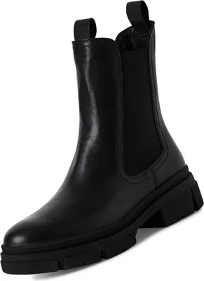 A black Chelsea boot with a thick sole is shown against a white background.