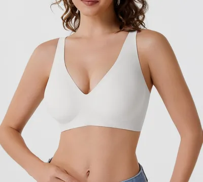 Obrázek produktu pro Dámská podprsenka bez kostic, push-up podprsenka (bílá, velikost S). Pohodlná, bezešvá podprsenka pro každodenní nošení a pod tílka, s výstřihem do "V". Krémová, pohodlná. Sportovní podprsenka, spodní prádlo