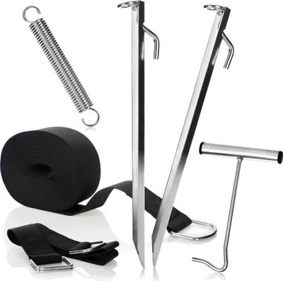 Produktbild von COM-FOUR® 6-teiliges Trampolin Erdanker Set - Sturmband Set mit Hering, Feder, Gurt und Heringzieher - Sturmbänder für Vorzelt und Markise - Vorzelt Befestigung für Camping