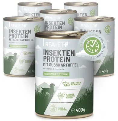 Produktbild von REAVET Hundenassfutter - Insektenprotein mit Süßkartoffeln an Karotten & Hagebutte | 6 x 400g