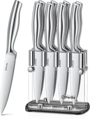 Zdjęcie produktu dla Blok na noże z nożem Zestaw 9 noży do steków z ergonomiczną rękojeścią 8 ząbkowanych noży do steków Uchwyt na noże Stal nierdzewna o wysokiej zawartości węgla