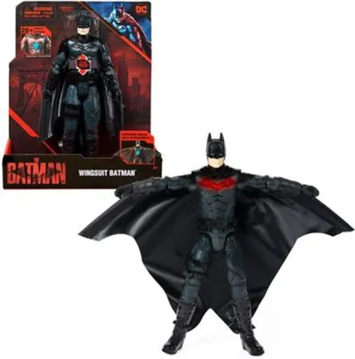 A Batman action figure with a wingsuit and its packaging.