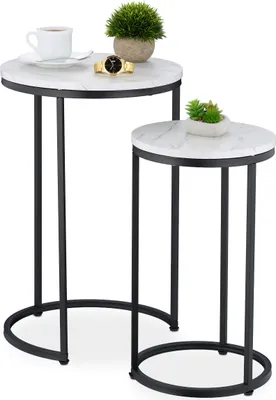 Produktbild von Relaxdays Satztisch, 2er Set, 2 Größen, Marmoroptik, Metall, runde Beistelltische, Wohnzimmer Couchtisch, weiß/schwarz