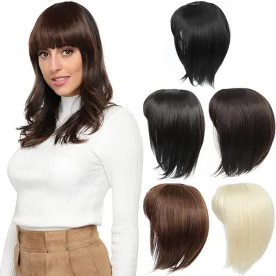 Image de Pièce de cheveux synthétique pour femmes, longueur 30 cm, avec frange, droite, couleur noire