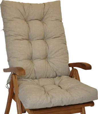 A close-up of a padded garden chair cushion on a wooden chair.