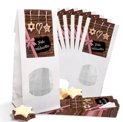 Produktbild von 25 kleine weiße Papiertüte Geschenk-Tasche Gebäck MIT FENSTER und Pergamin-Einlage (8 x 5 x 24,5 cm) + Aufkleber (5 x 15 cm) Weihnachtskugeln grün beige shabby vintage Frohe WeihnachtenStrohschmuck beige dunkelbraun / 10 Stück